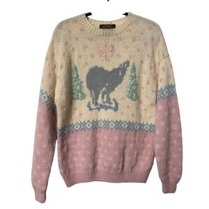 Vintage 1990 Eddie Bauer Wool Wolf Sweater Pink Cream Fair Isle Knit Large